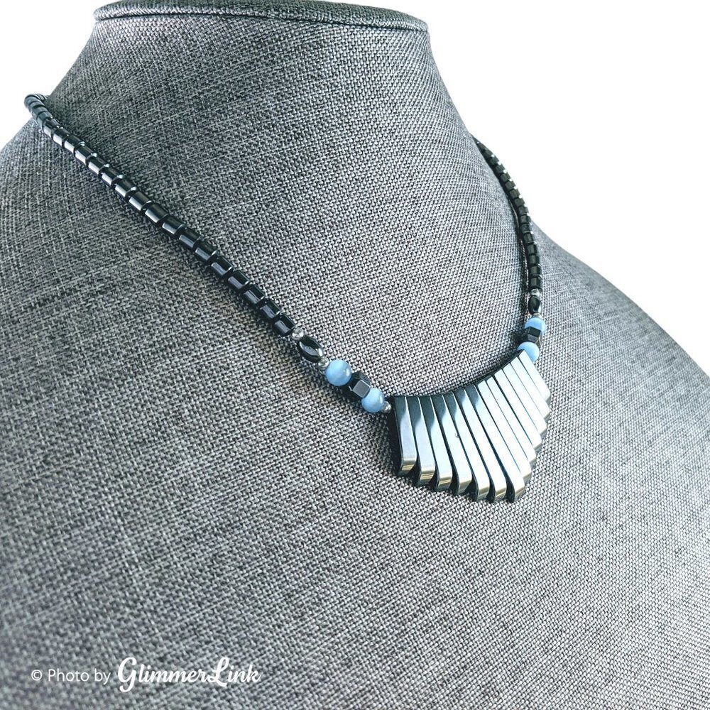 Hematite Bar Fringe Blue Beaded Necklace
